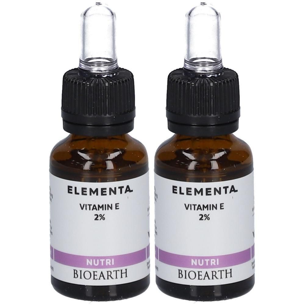 Deux flacons de Bioearth Elementa Vitamine E 2% avec pipettes. Flacons en verre brun avec étiquettes blanches.