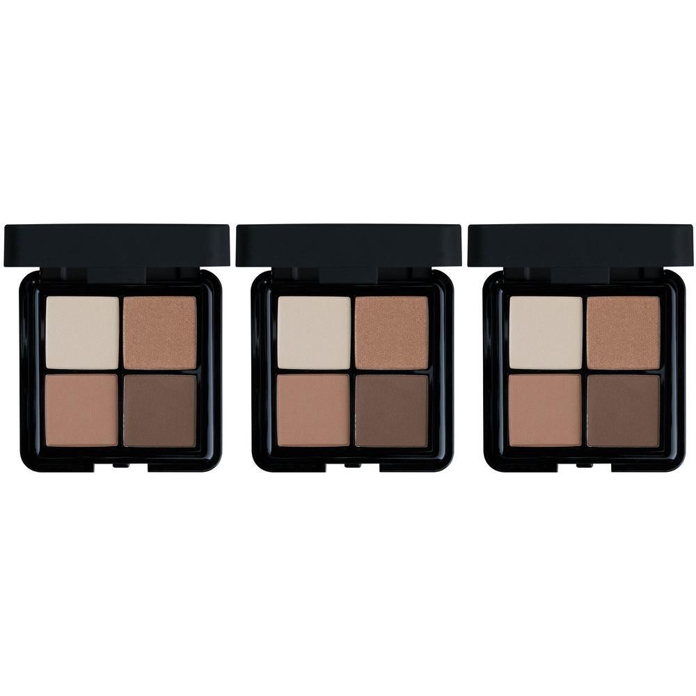 Trois palettes de fard à paupières, chacune avec quatre teintes neutres. Boîtier noir.
