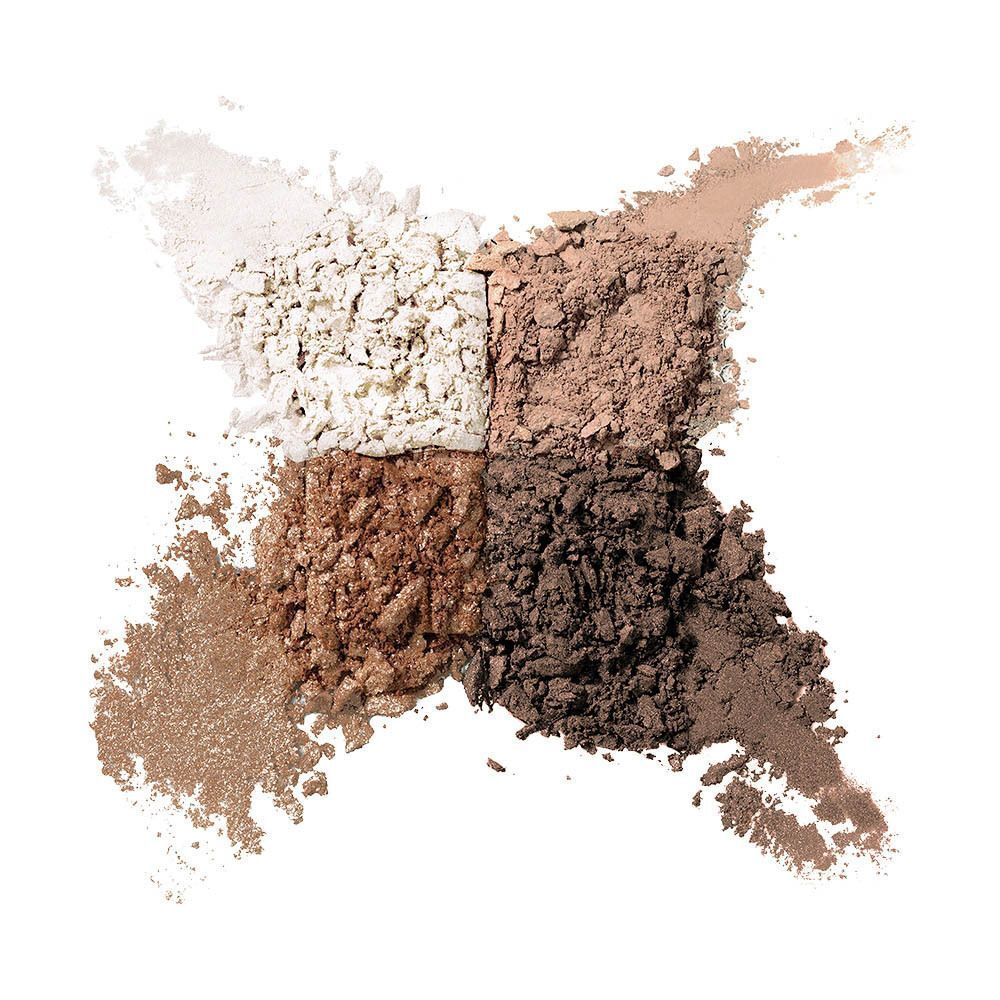 Quatre couleurs d'ombre à paupières, éparpillées en croix : beige clair, brun clair, brun foncé, brun scintillant.