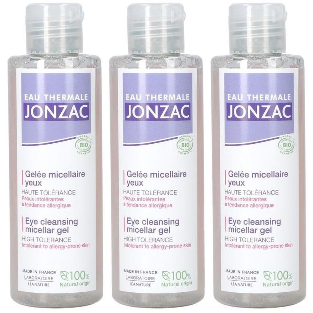 Trois flacons de Jonzac Eau Thermale Gelée micellaire Yeux Haute Tolérance, gel nettoyant.