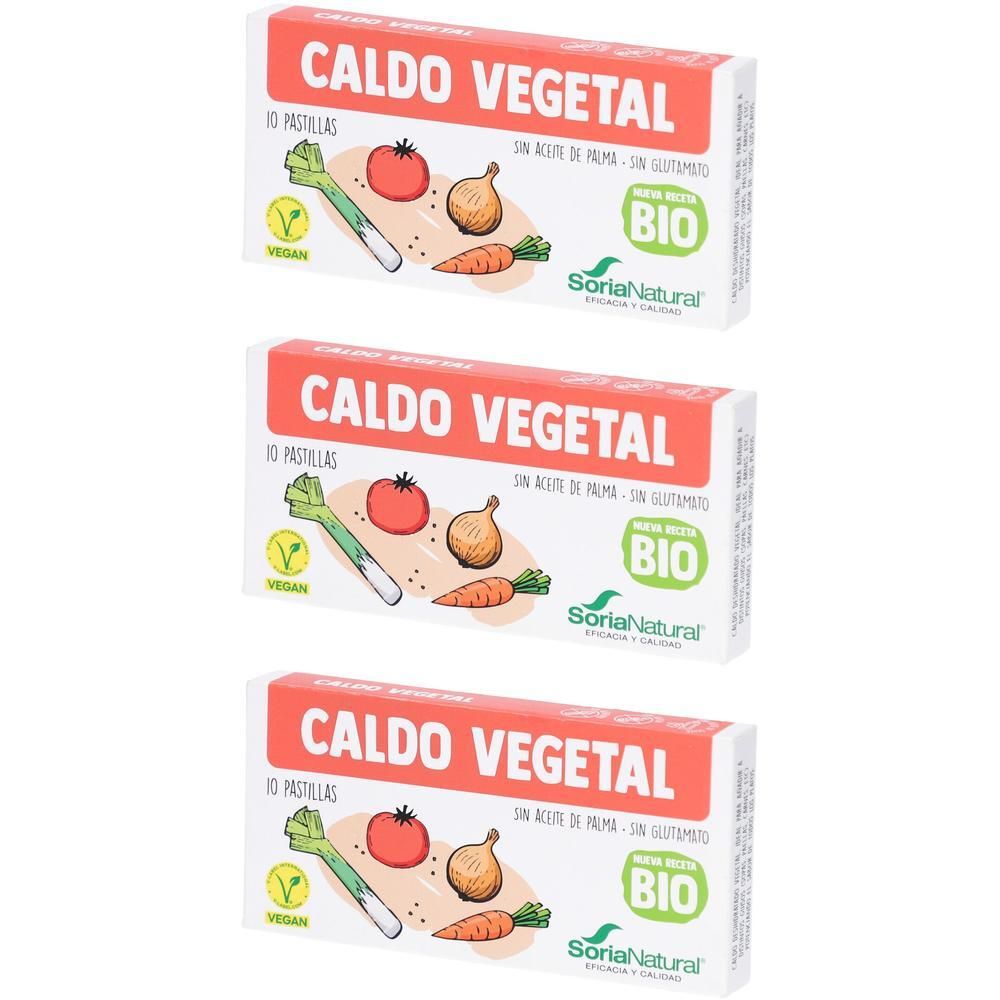 Trois paquets de bouillon végétal SoriaNatural, 10 pastilles. Certifié bio et vegan.