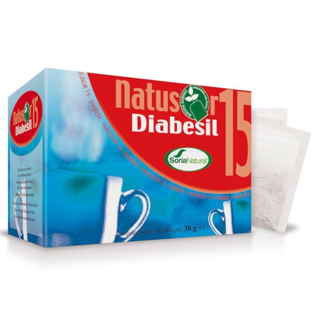 Doos Natusor 15 Diabesil thee, 30g. Twee theezakjes ernaast.