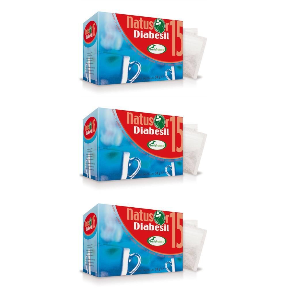 Drie dozen Soria Natural Natusor 15 Diabesil Thee, elk 15 zakjes.