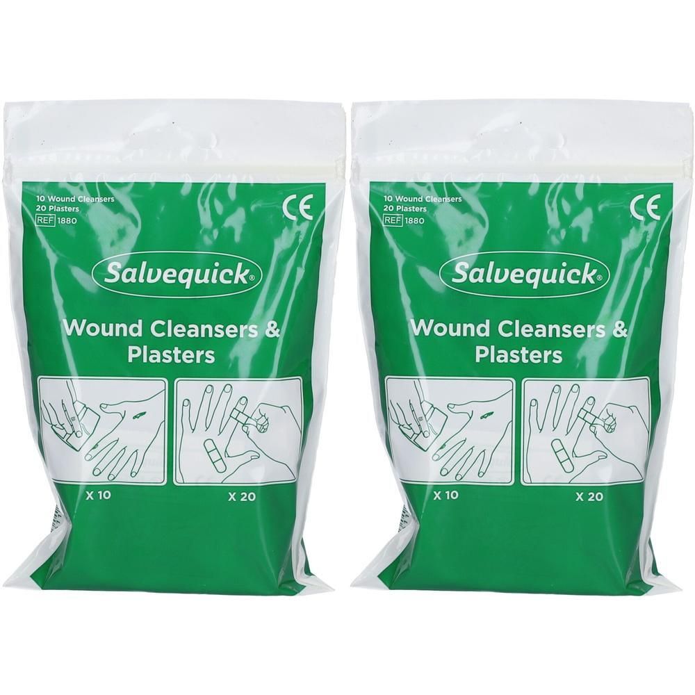 Deux paquets de lingettes nettoyantes et pansements Salvequick. Chaque paquet contient 10 lingettes et 20 pansements.