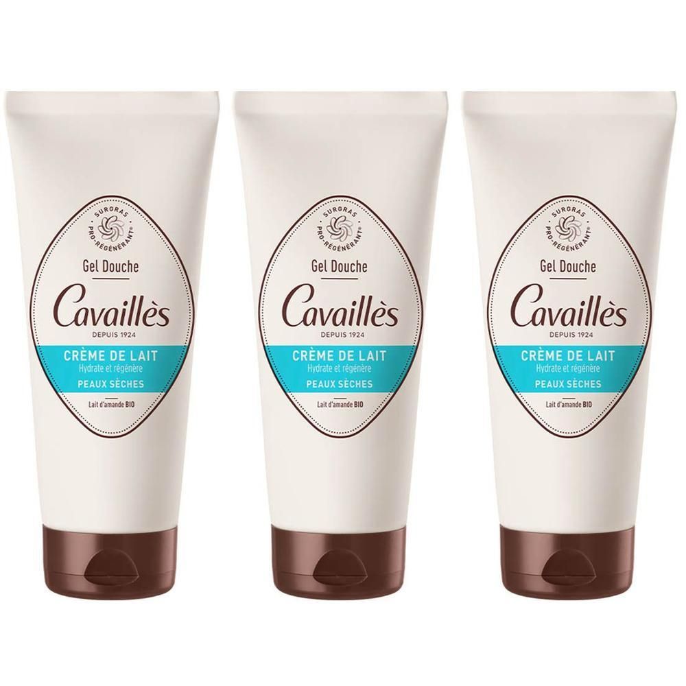 Drie witte tubes douchecrème met bruine dop. Merk Cavaillès.