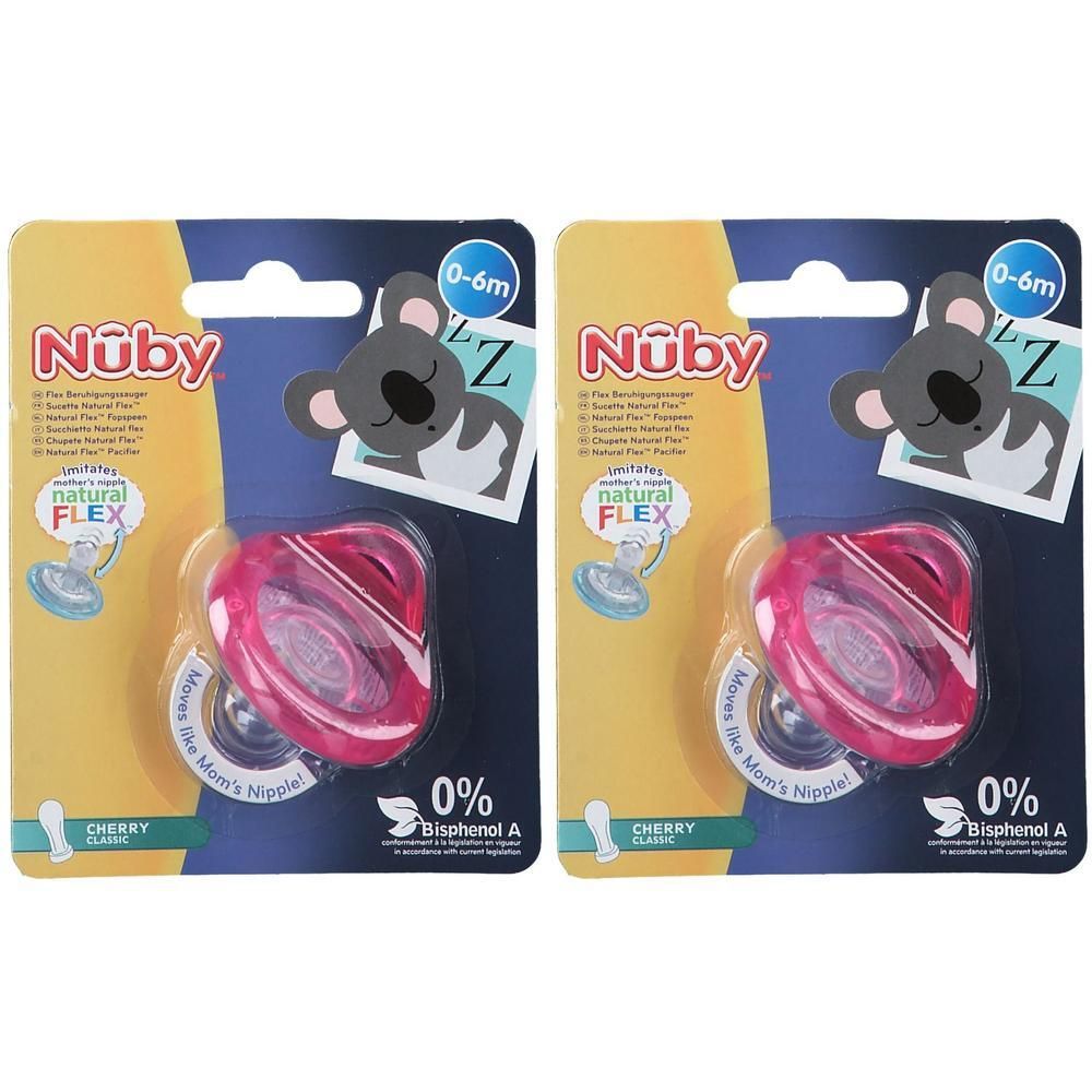 Deux sucettes Nuby, 0-6 mois, saveur cerise, sans BPA.
