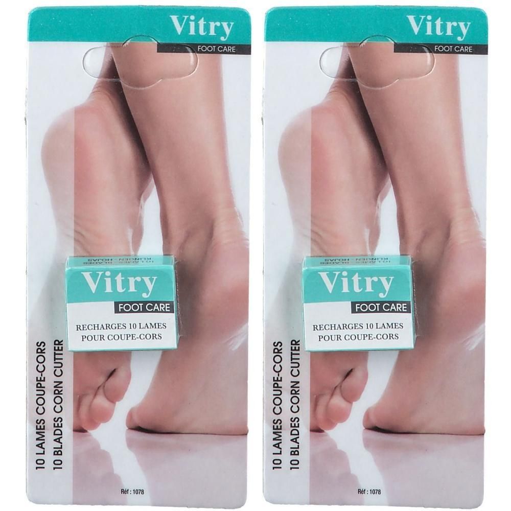Vitry Lames de recharge pour coupe-cors, 10 lames. L'emballage présente des pieds et une petite boîte de lames.