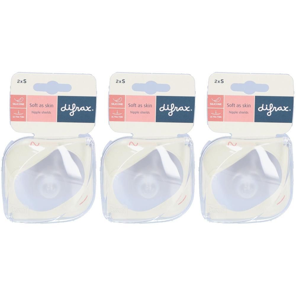 Drie pakken Difrax tepelhoedjes, 2 per pak. Transparant met roze en blauwe verpakking.