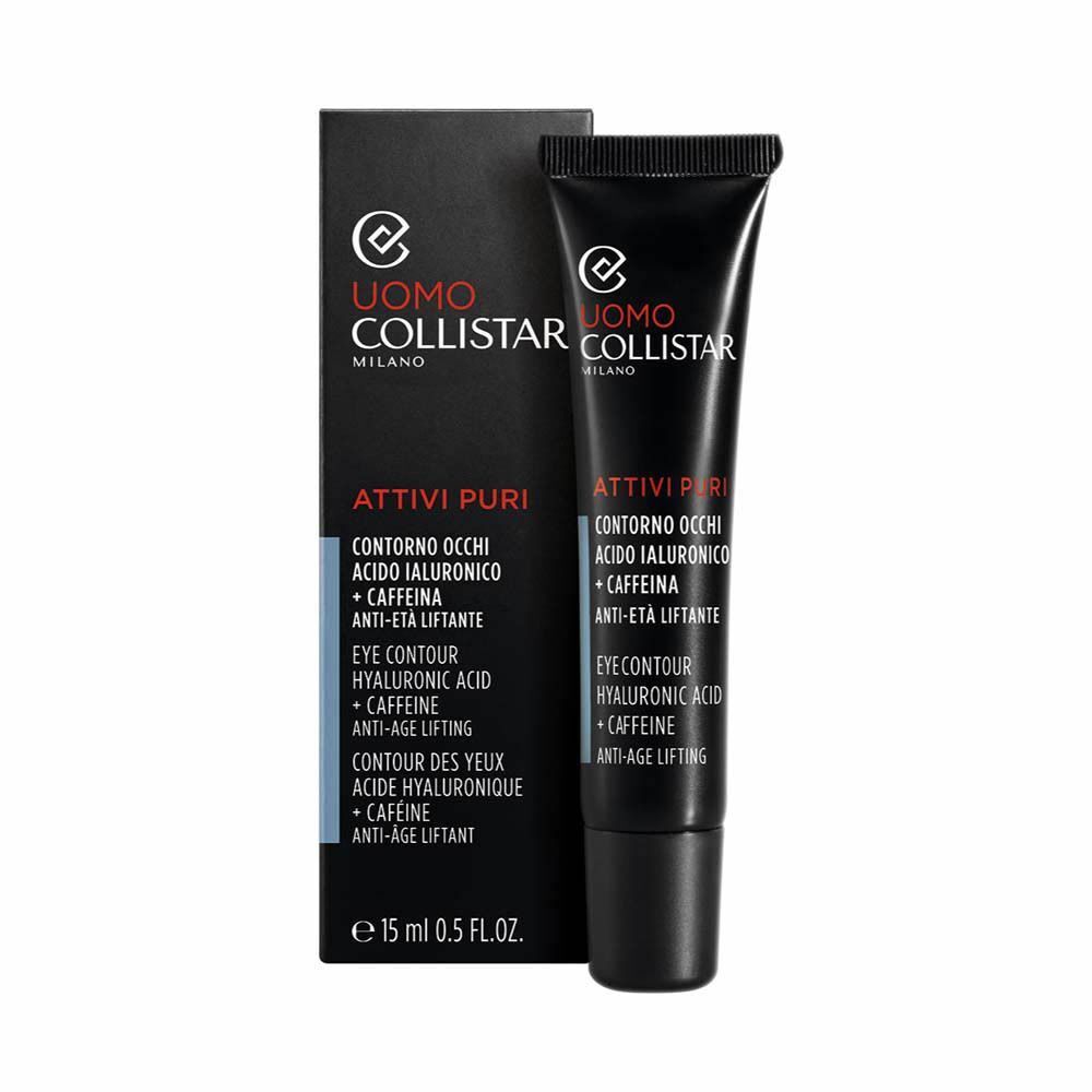 Soin contour des yeux Collistar Men Acide Hyaluronique + Caféine, tube et boîte noirs.