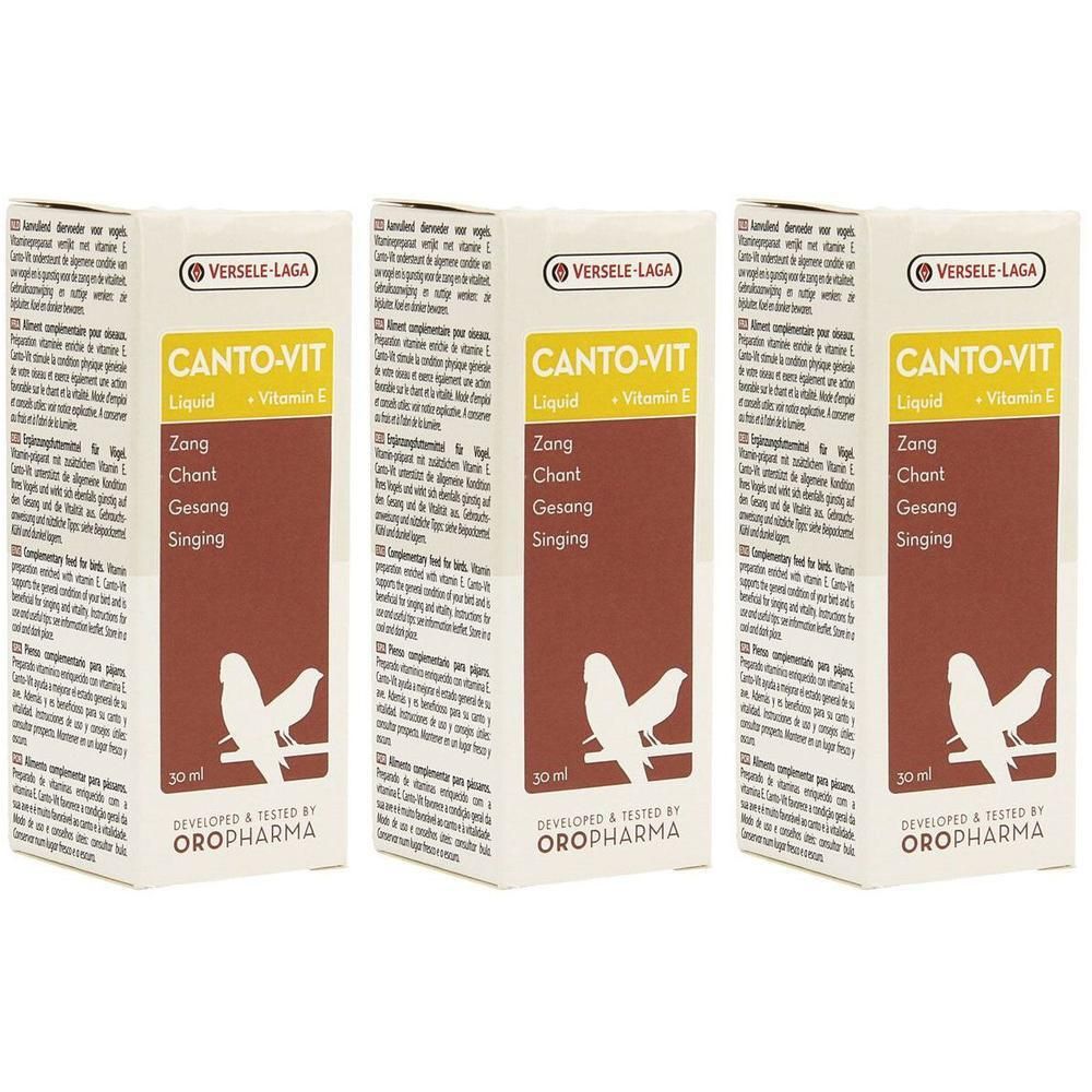 Drie dozen Canto-Vit Liquid + Vitamine E. Elke doos toont een vogel-silhouet en bevat 30 ml.