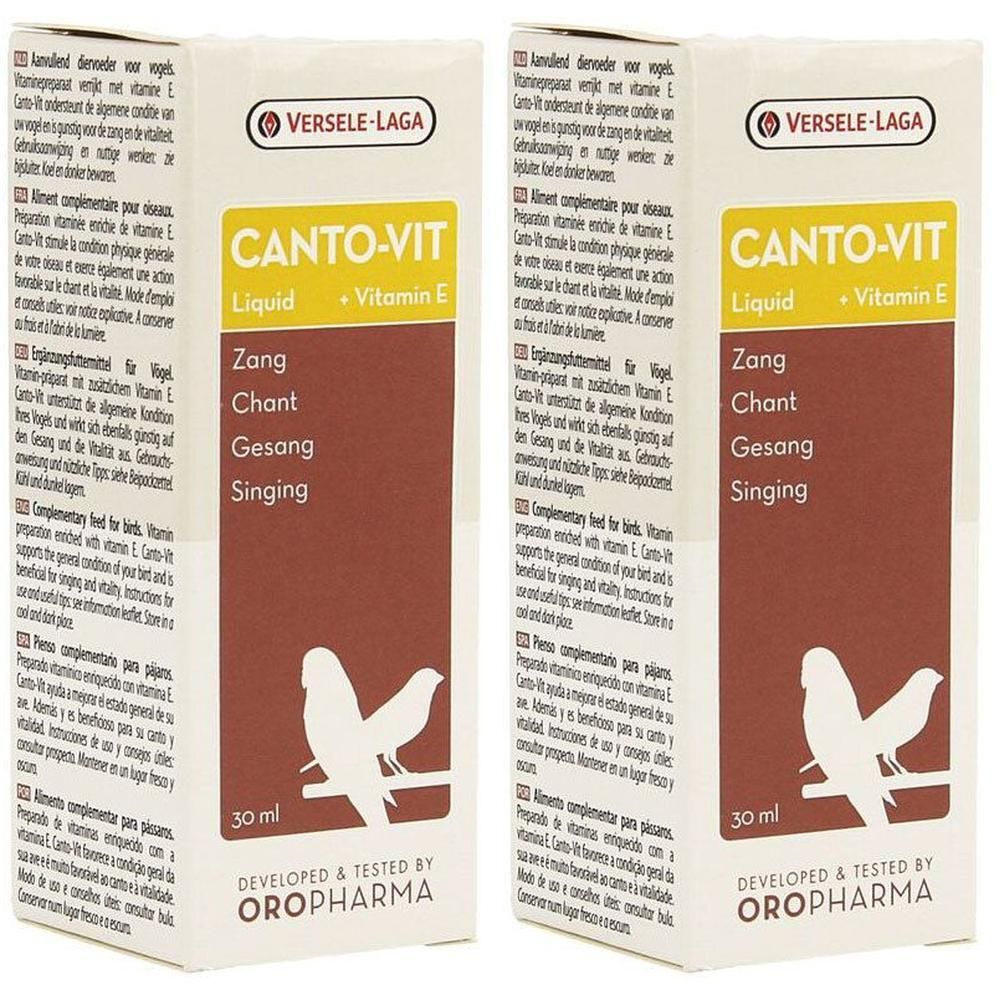 Twee verpakkingen Canto-Vit Liquid met Vitamine E voor vogels. 30 ml per verpakking.