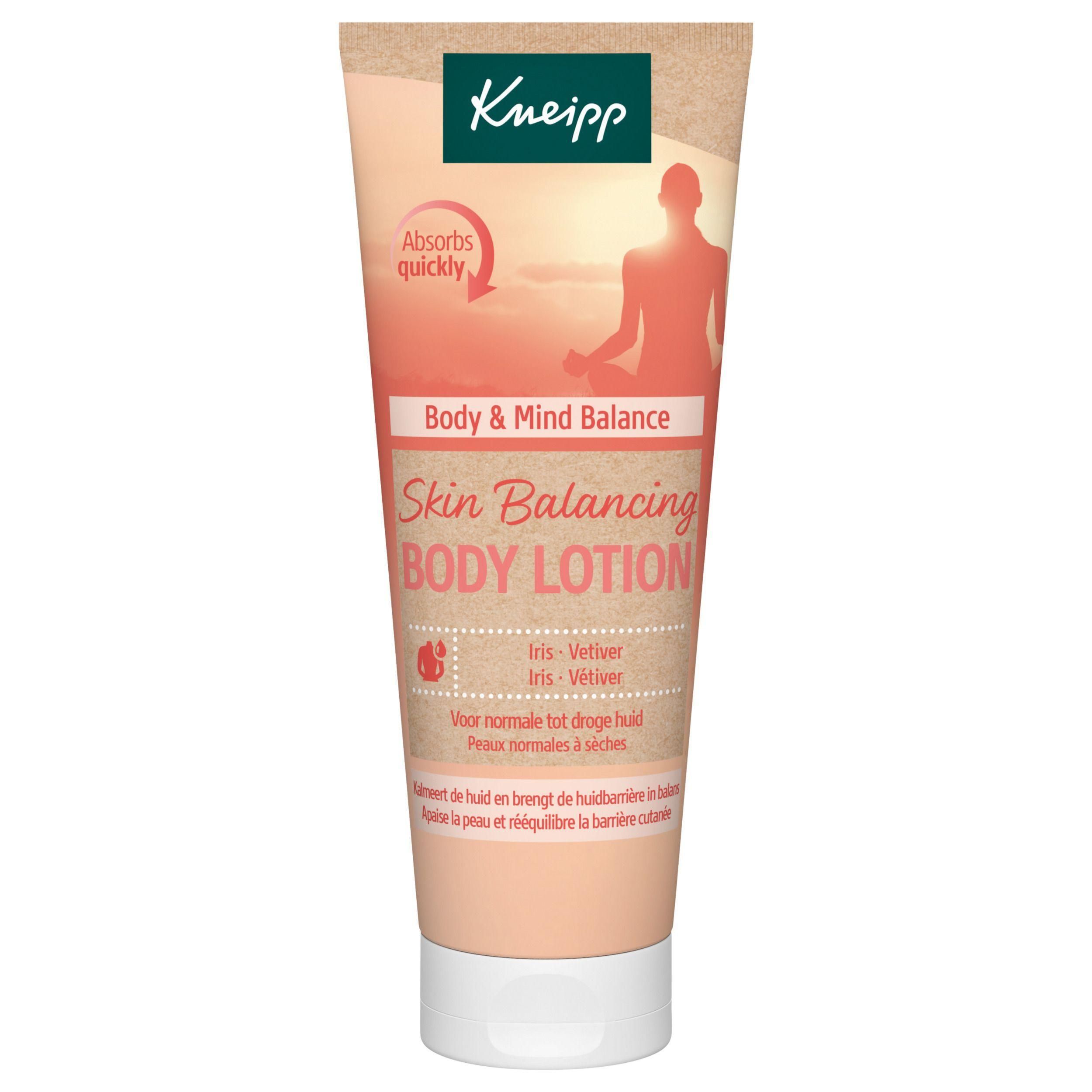 Tube de Lait pour le corps Kneipp Body & Mind Balance Skin Balancing avec silhouette méditative.