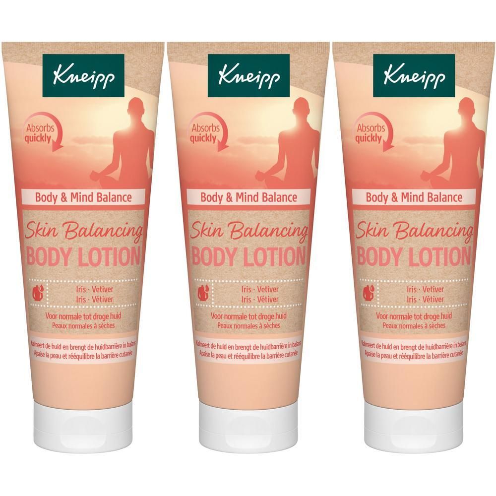 Trois tubes de Lait Corps Équilibrant Peau Kneipp Body & Mind Balance avec motif de méditation.