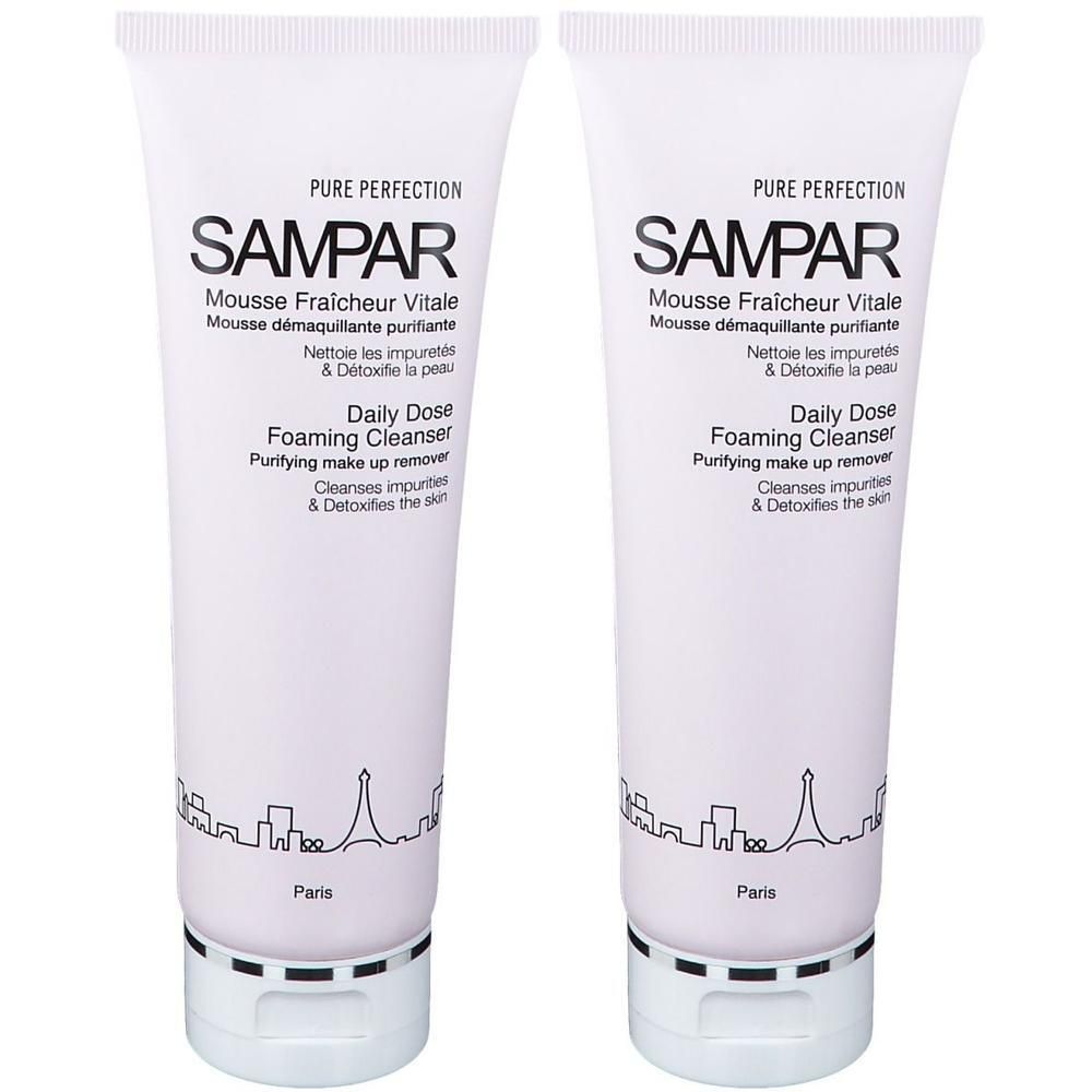 Deux tubes de Sampar Mousse Fraîcheur Vitale, nettoyant moussant quotidien.
