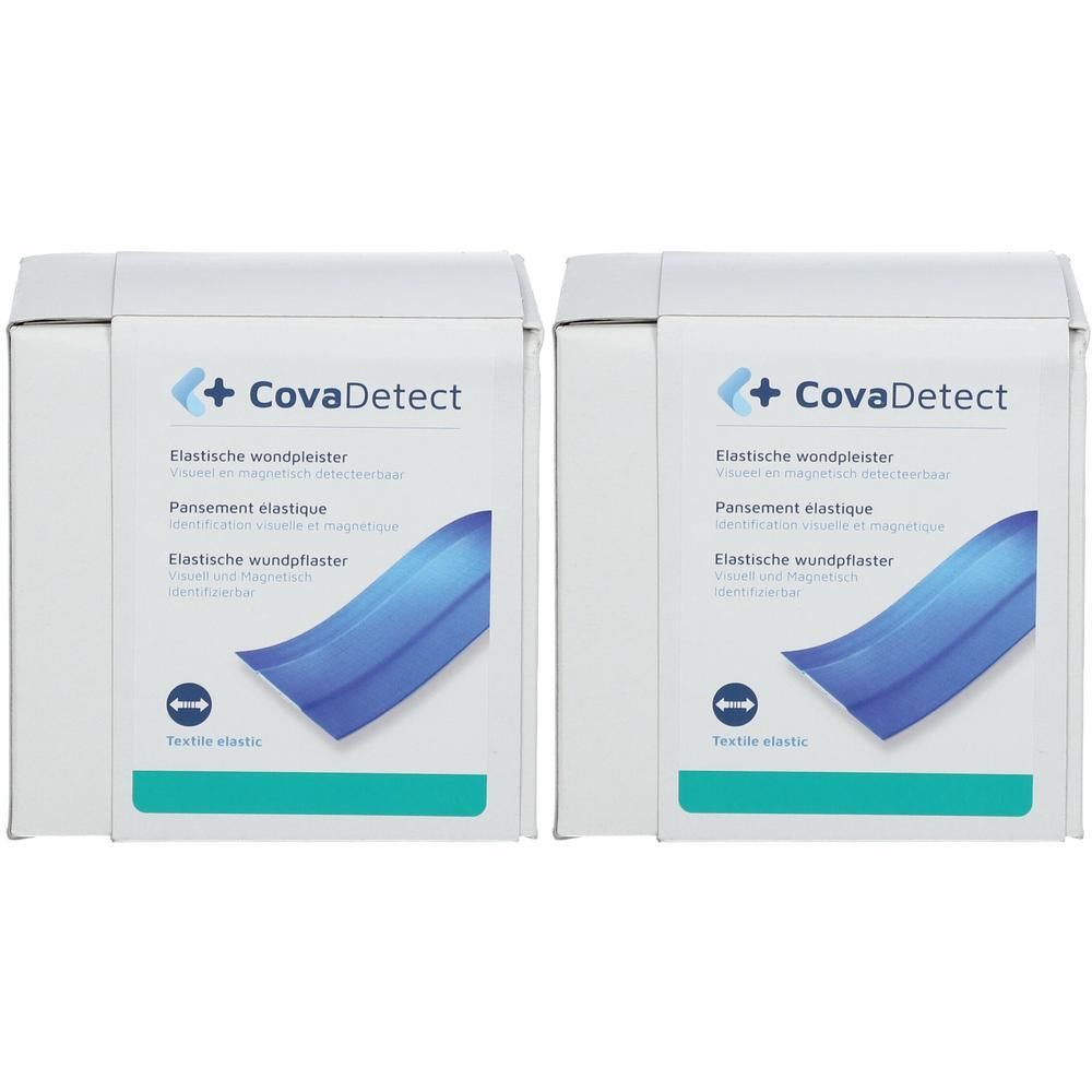 Deux paquets de pansements élastiques CovaDetect avec insert bleu.