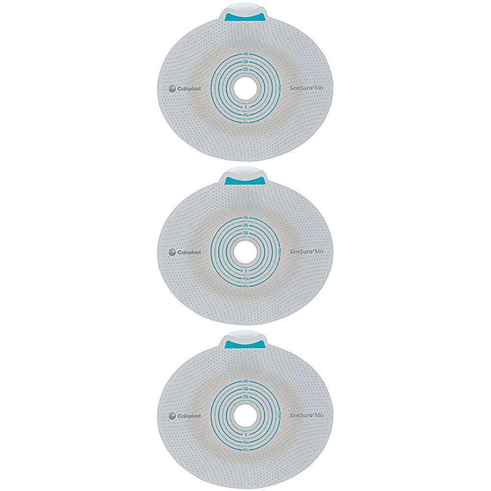 Trois plaques de protection cutanée rondes, blanches, avec cercles concentriques et une fermeture bleue en haut.