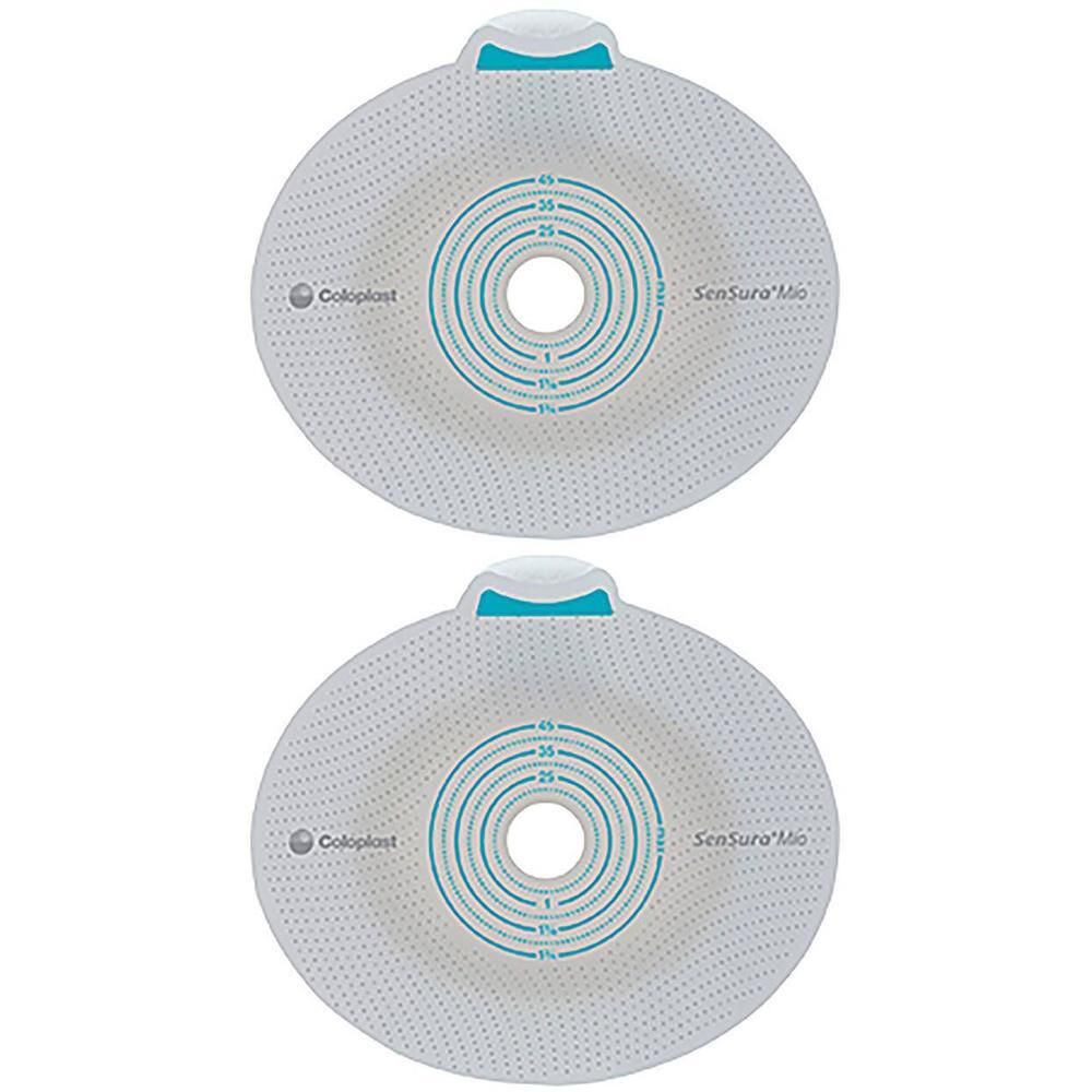 Deux plaques rondes blanches Coloplast Sensura Mio Flex 2D avec marquages bleus et indications de taille.
