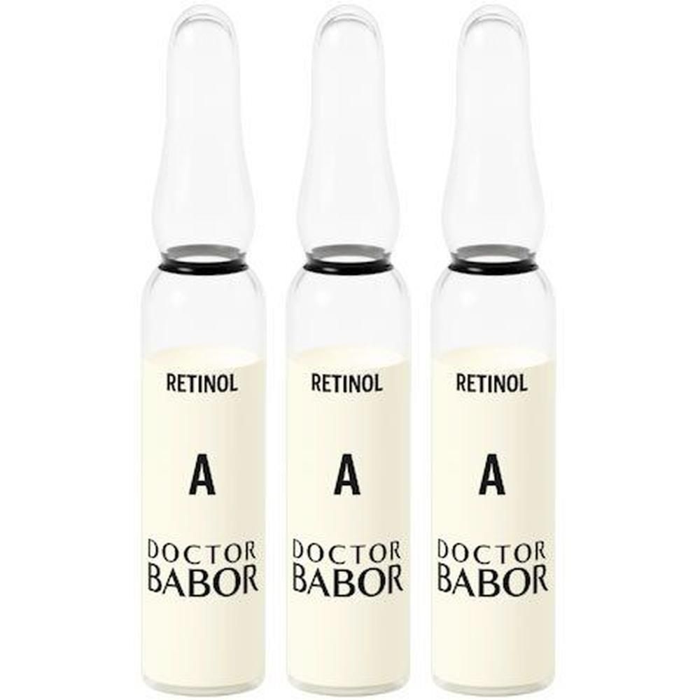 Trois ampoules Babor Rétinol avec inscription 'A' et 'Doctor Babor'.