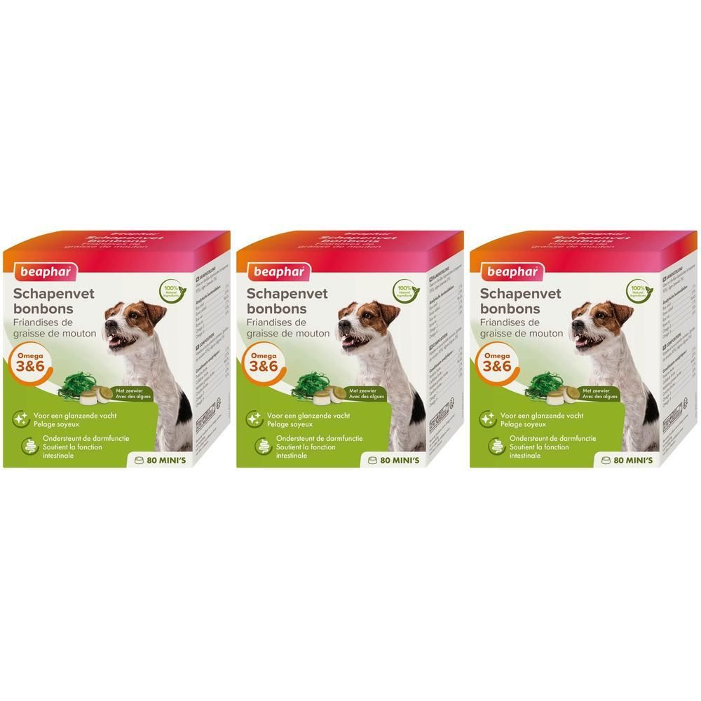 Trois paquets de friandises Beaphar Graisse de Mouton pour chiens, avec Oméga 3 & 6. Chaque paquet contient 80 mini friandises.
