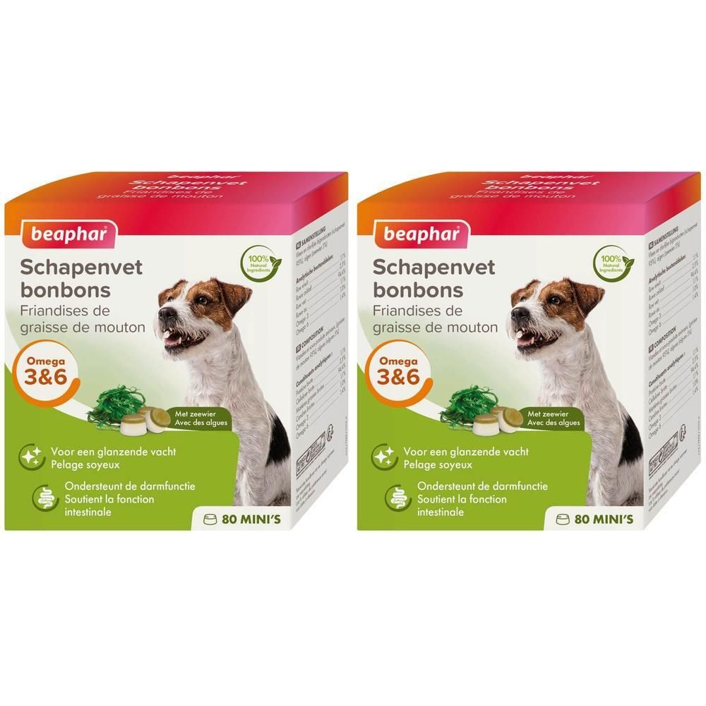 Twee pakken Beaphar Schapenvet bonbons voor honden met Omega 3 & 6.