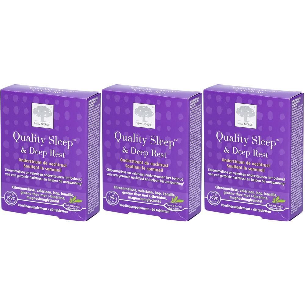 Drie dozen New Nordic Quality Sleep & Deep Rest. Paarse verpakking met tekst en logo.