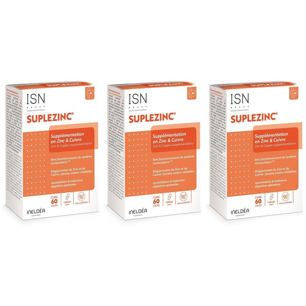 Drie verpakkingen Suplezinc, supplement met Zink en Koper.