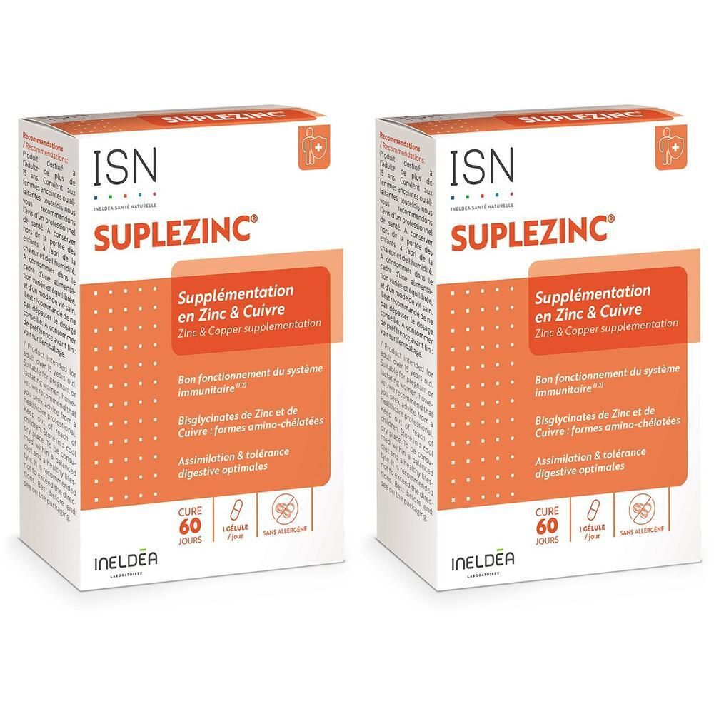 Twee dozen Ineldea Santé Naturelle Suplezinc, Zink & Koper supplementatie.