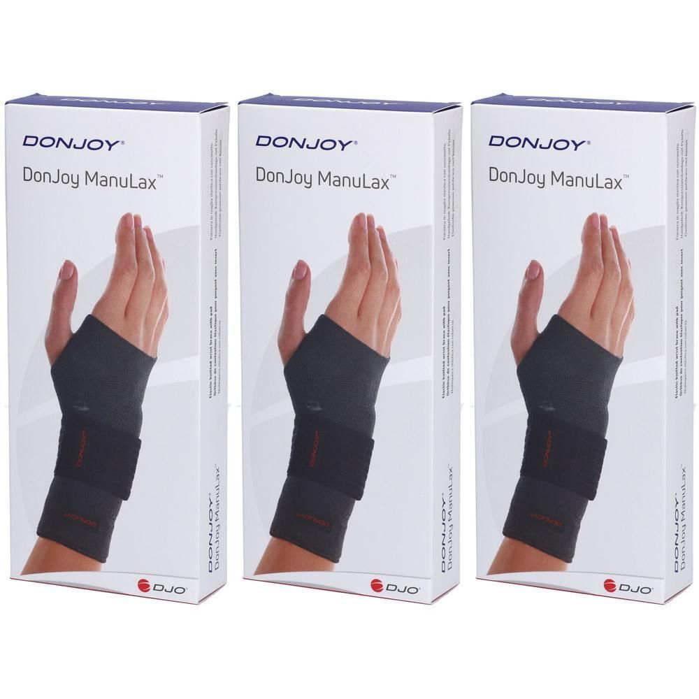 Drie verpakkingen DonJoy ManuLax polsbandage met klittenbandsluiting.
