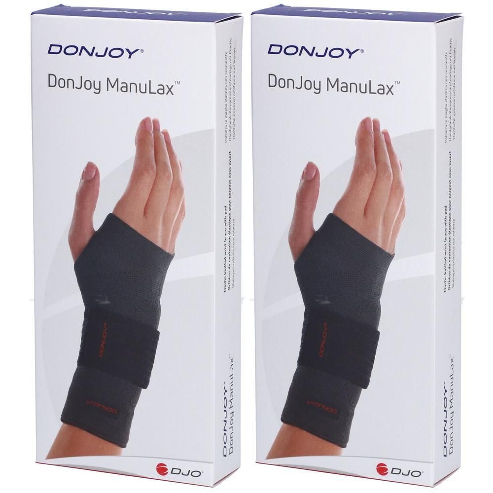 Orthèse de poignet DonJoy ManuLax, noire, avec fermeture velcro. Boîte avec illustration.