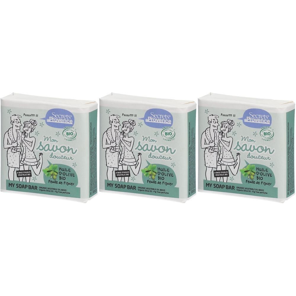Trois savons "Mon Savon Douceur" à l'huile d'olive et extrait de figue, certifiés bio.