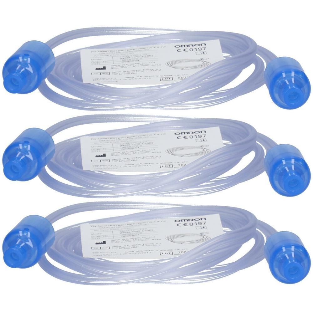 Drie transparante PVC-slangen met blauwe connectoren, elk met Omron-label en CE0197-markering.