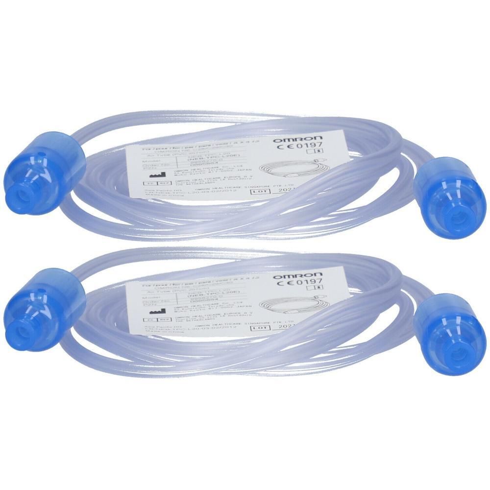 Twee Omron PVC luchtslangen met blauwe connectoren. CE0197-markering zichtbaar.