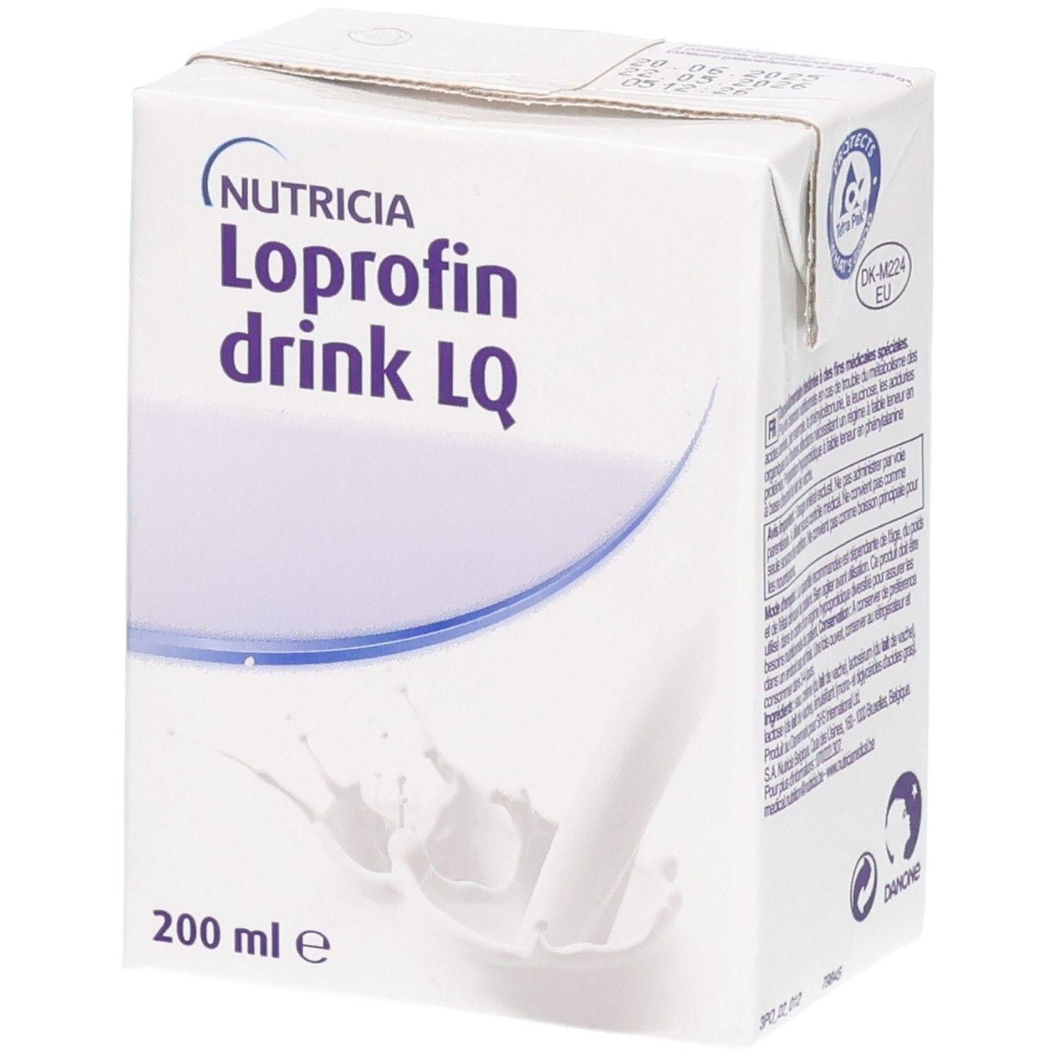 Nutricia Loprofin drink LQ, emballage de 200 ml avec éclaboussures de lait.