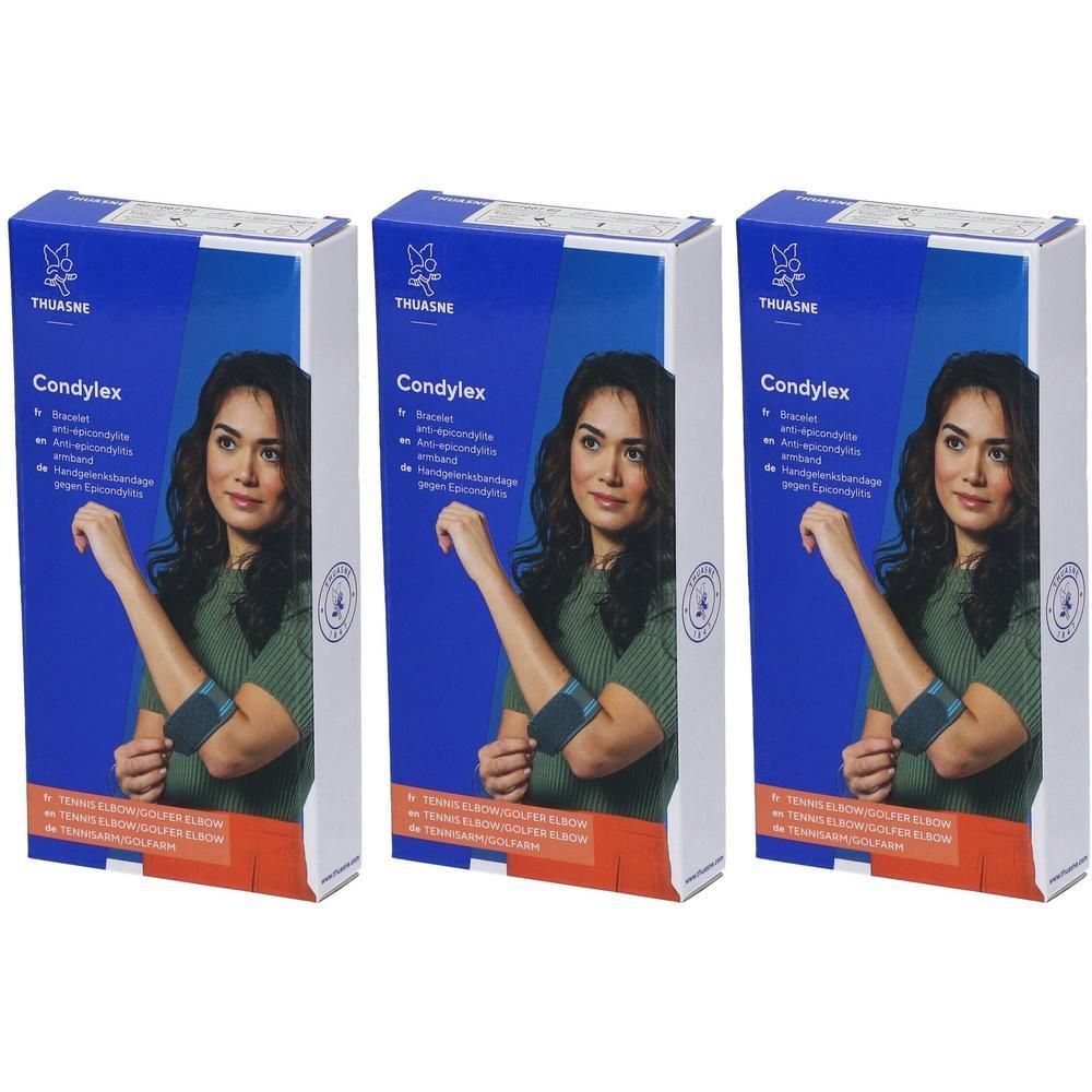 Drie verpakkingen Thuasne Condylex Maat 1 met vrouw die een brace om haar elleboog draagt.