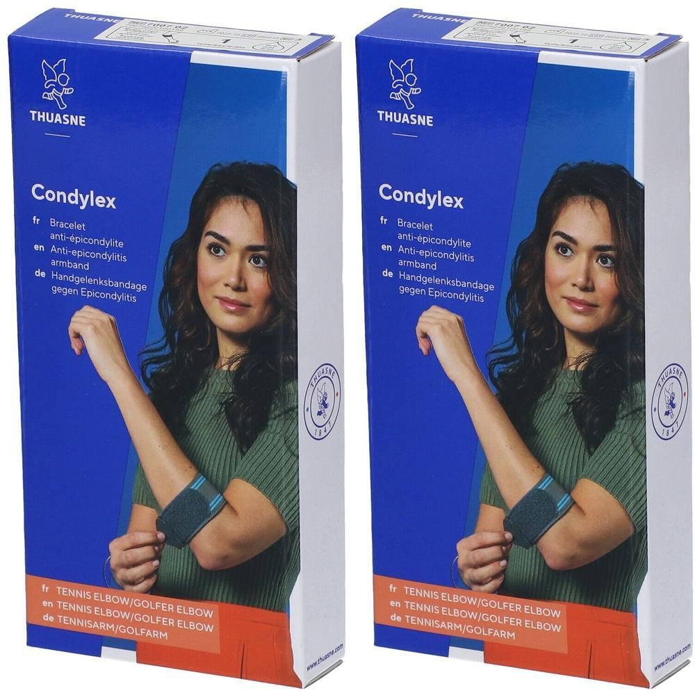 Deux boîtes Thuasne Condylex Bracelet anti-épicondylite. Emballage bleu avec image d'une femme portant un bracelet.
