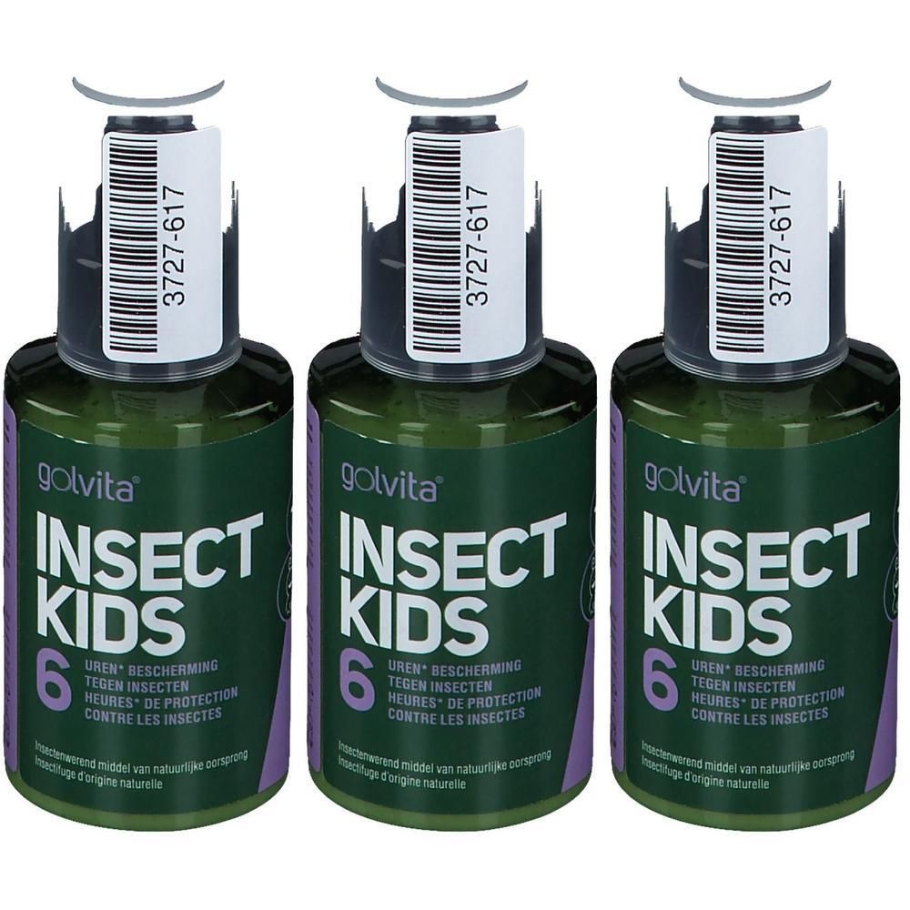 Trois flacons de Golvita Insect Repellent Enfants, étiquetés 'INSECT KIDS'.