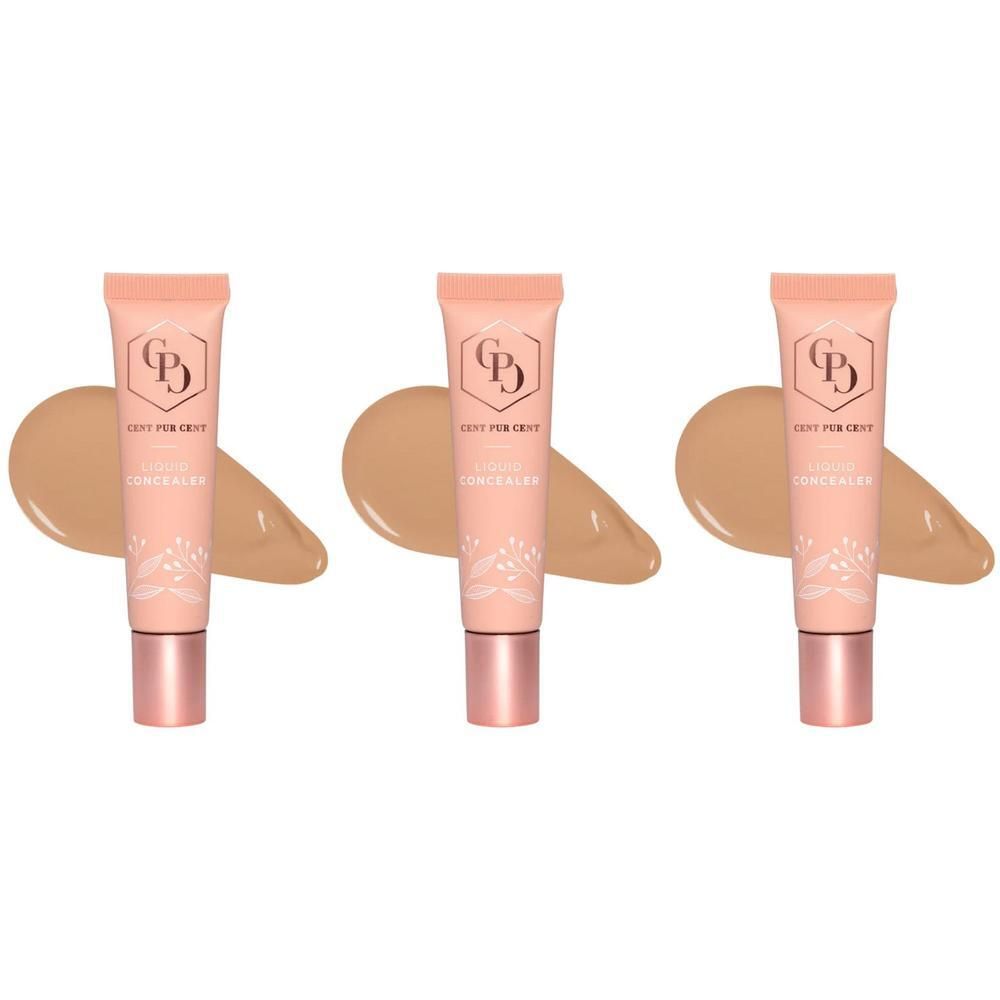 Drie tubes vloeibare concealer met een veeg van lichtbruine kleur.