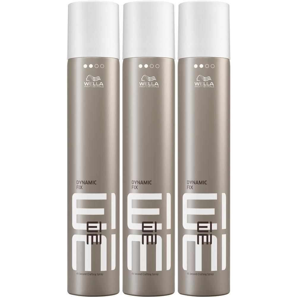Trois flacons de laque WELLA PROFESSIONALS EIMI Dynamic Fix, gris avec capuchons blancs.