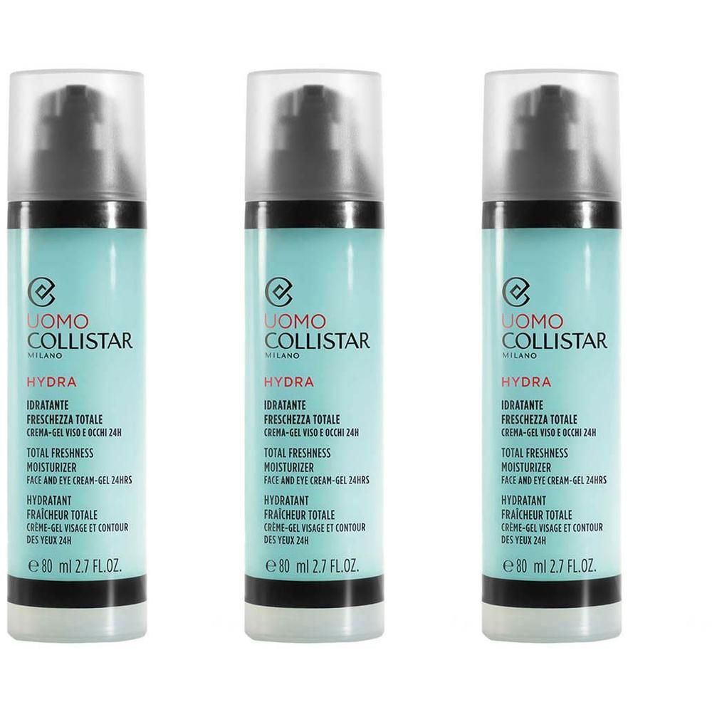 Trois flacons de crème-gel hydratante Collistar Hydra pour le visage et le contour des yeux.