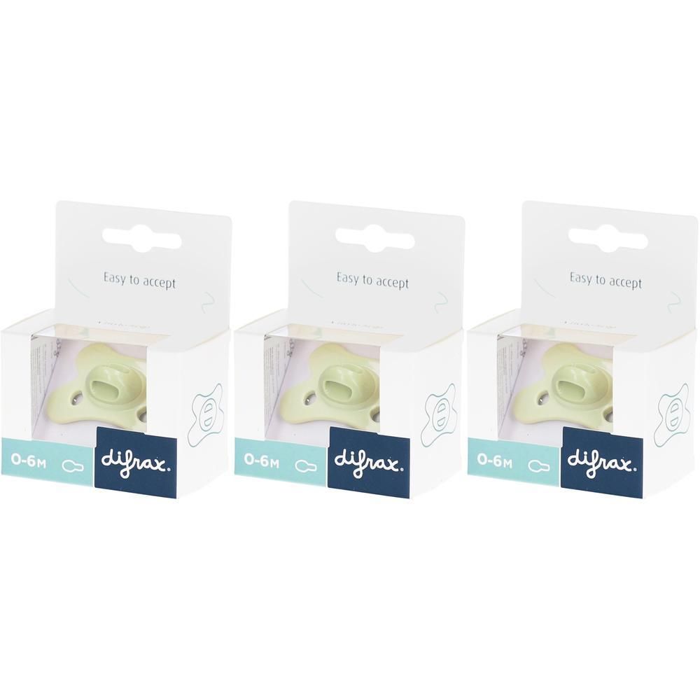 Trois sucettes Difrax 0-6M vert pâle, emballées individuellement.
