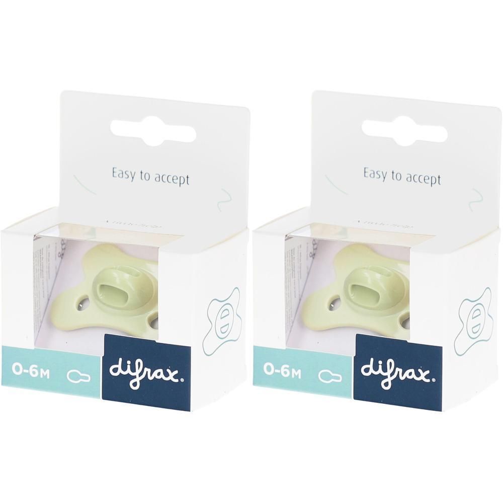 Twee Difrax fopspenen 0-6M lichtgroen, verpakt.