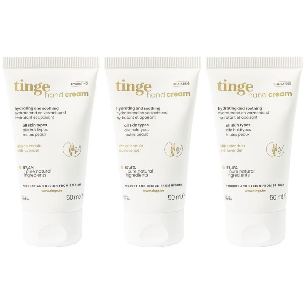 Trois tubes de crème pour les mains Tinge, 50ml. Hydratante et apaisante.