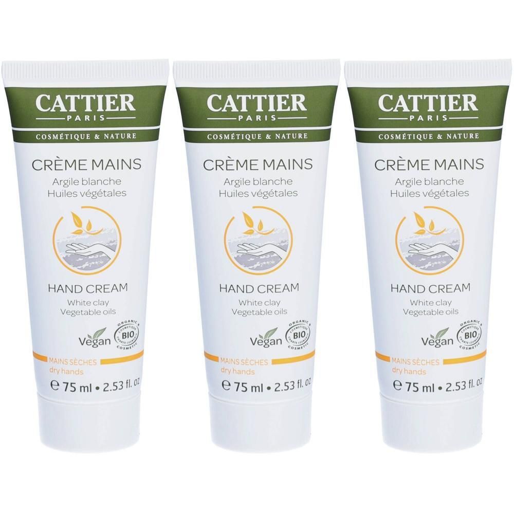 Drie Cattier Handcrème tubes met witte klei en plantaardige oliën, 75 ml.