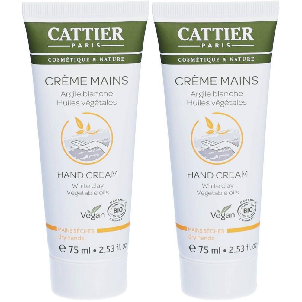 Twee tubes Cattier Handcrème met witte klei en plantaardige oliën, 75 ml.