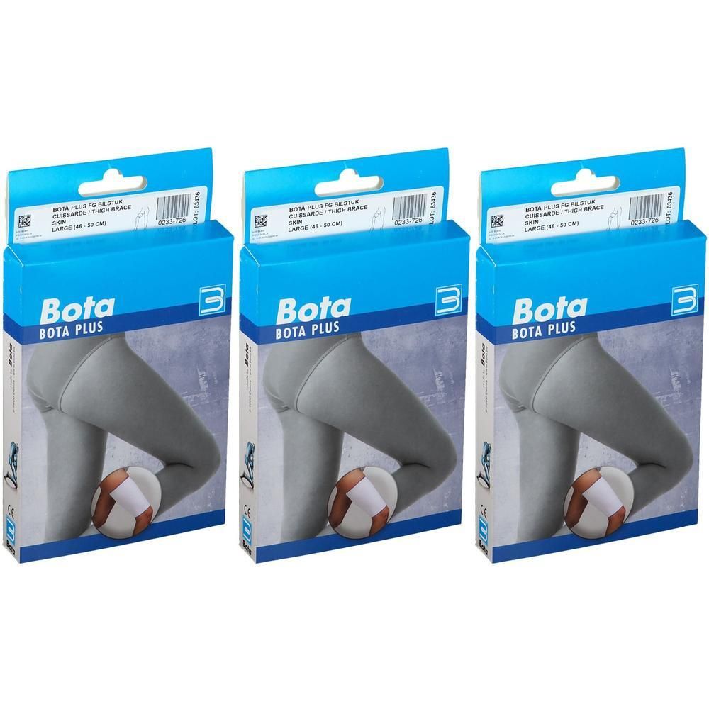 Drie verpakkingen Bota Plus dijbeenkousen in grijs. Elke verpakking toont een afbeelding van een been met kous.