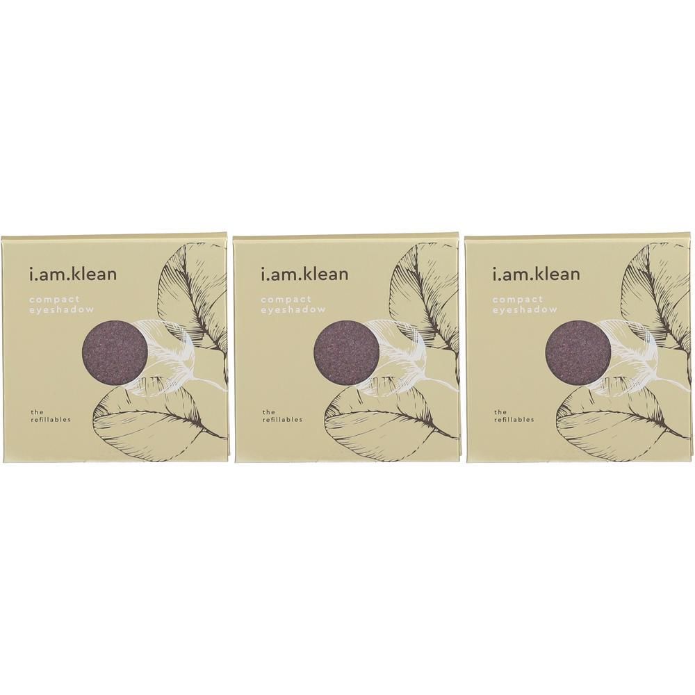 Trois fards à paupières minéraux compacts i.am.klean Dazzling, chacun dans une boîte en carton avec un motif de feuilles.