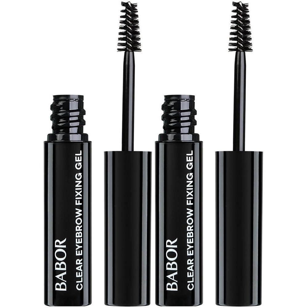 Twee Babor Clear Eyebrow Fixing Gel flesjes met applicators.