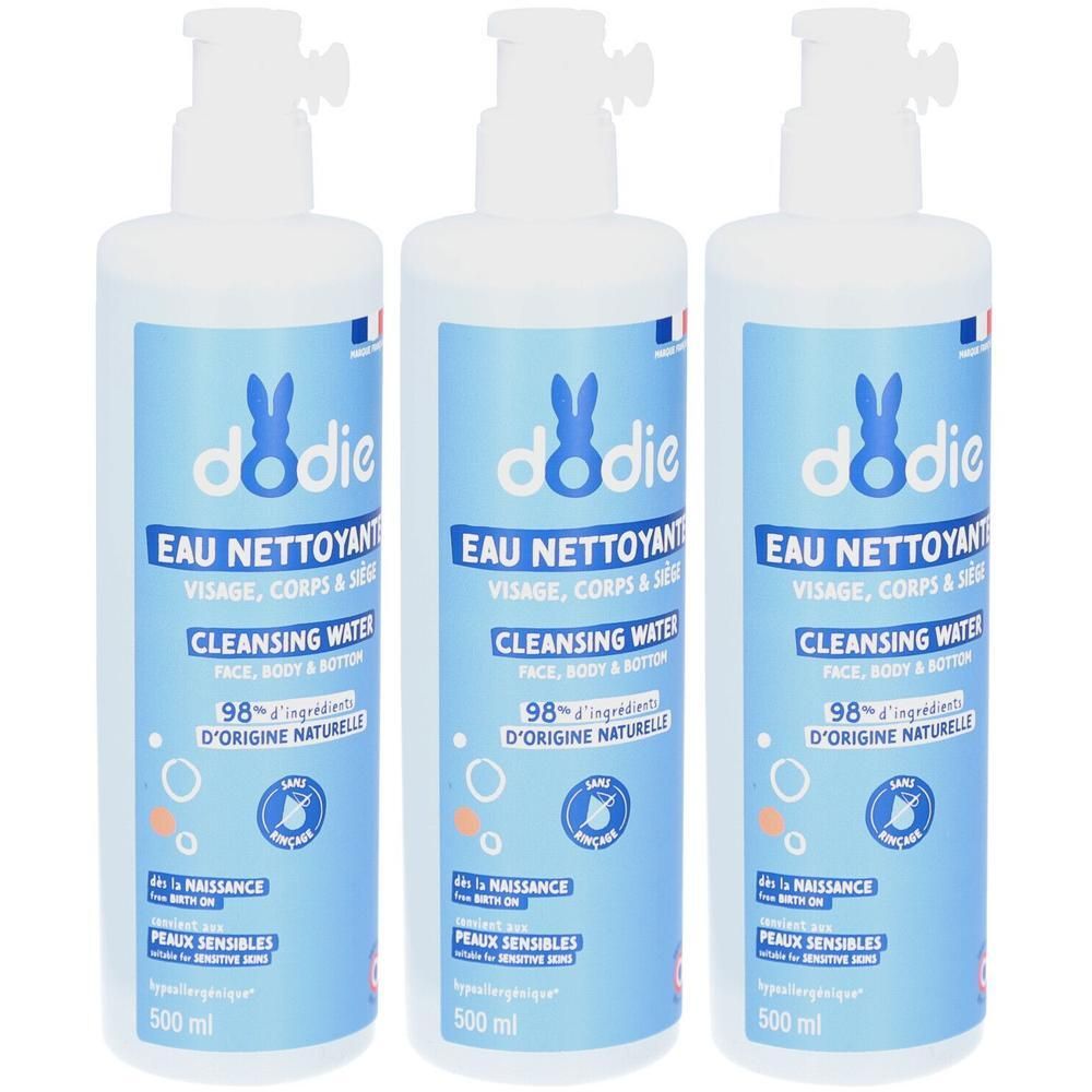 Drie flessen Dodie reinigingswater 3-in-1, 500 ml.