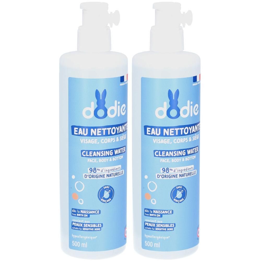 Twee flessen Dodie reinigingswater 3-in-1, 500 ml.