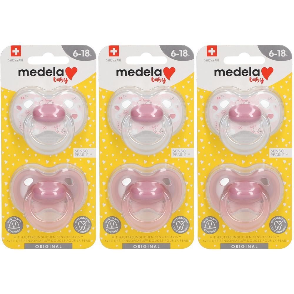 Drie roze Medela Original fopspenen voor 6-18 maanden, individueel verpakt.